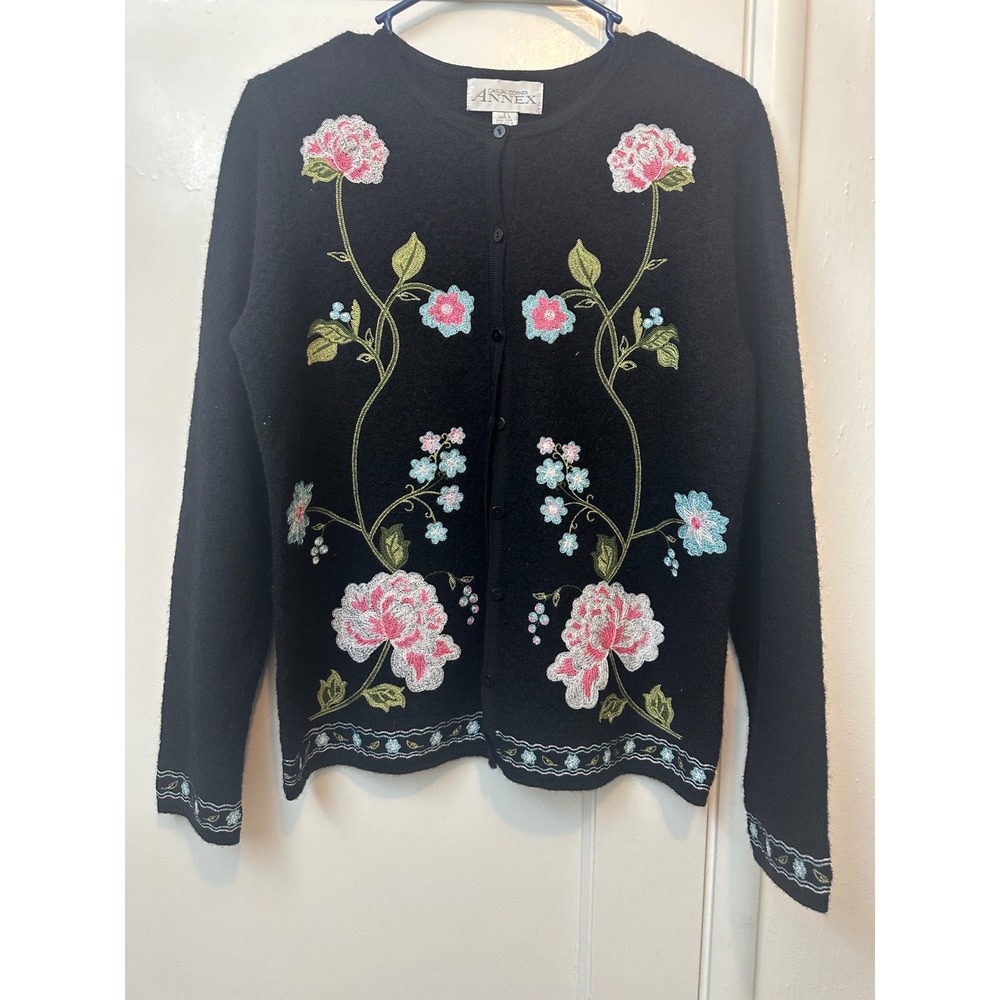 Casual Corner Annex Black Wool Floral Embroidered Cardigan Sweater sz L BNFOQ118